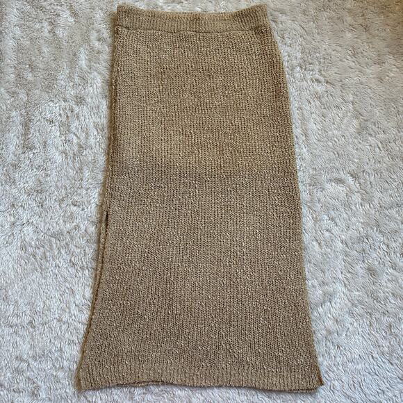 All Row Medium Knit Midi Skirt with Slits Elastic Waist Tan Camel Lined - Picture 8 of 9